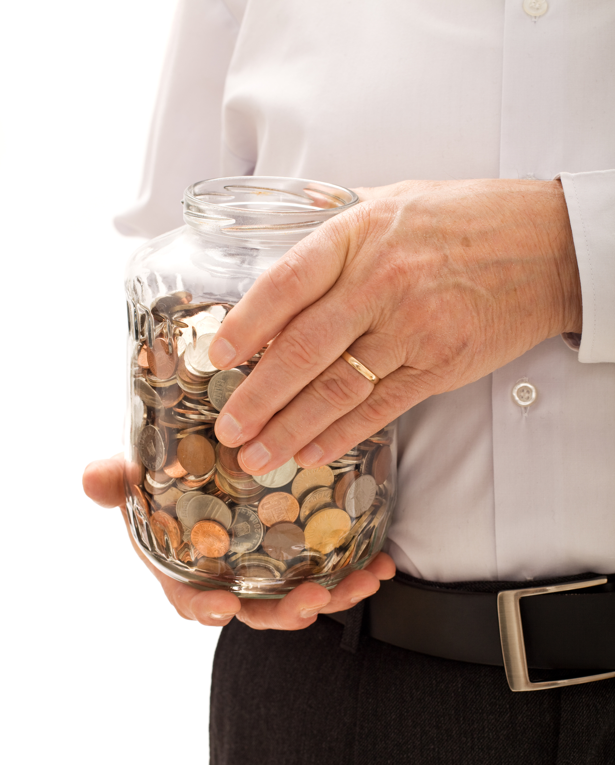 Senior man hands holding jar with coins