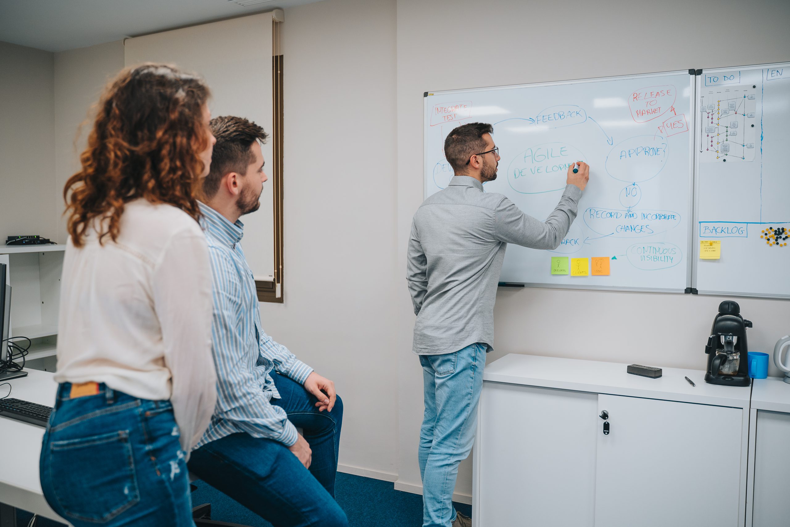 Young workers learning and discussing engineering, while using a white board and colored markers